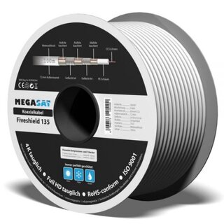Megasat Koaxialkabel Sat Kabel 135 Fiveshild 100m 5 Fach abgeschirmt 7mm UHD tauglich Vollkupfer