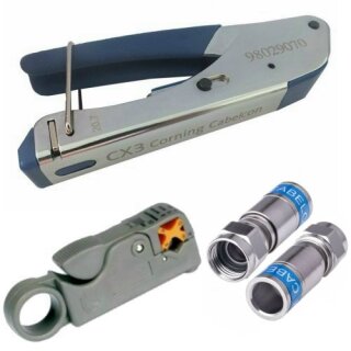 Cabelcon CX3 Kompressionszange + Coax Profi Abisolierer + Cabelcon F-56-CX3 7.0 QM Quickmount Kompressionsstecker 90x Stück