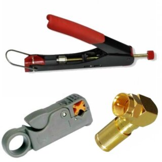 Kompressionszange Rot + Coax Profi Abisolierer + Winkel F-Kompressionsstecker Gold Vollmetall für 7mm Kabel 60x Stück