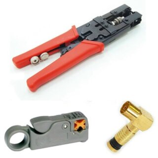 AC-Sat-Corner Kompressionszange HQ + Coax Profi Abisolierer + Winkel Koaxial TV Kupplung Kompressionsstecker Gold 7mm HQ 20x Stück
