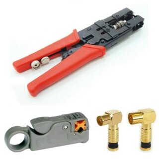 AC-Sat-Corner Kompressionszange HQ + Coax Profi Abisolierer + Winkel Koaxial TV Kompressionsstecker Gold 7mm HQ 90x Stück Stecker / 90x Stück Kupplung