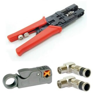 AC-Sat-Corner Kompressionszange HQ + Coax Profi Abisolierer + Winkel Koaxial TV Kompressionsstecker 7mm HQ 20x Stück Stecker / 20x Stück Kupplung