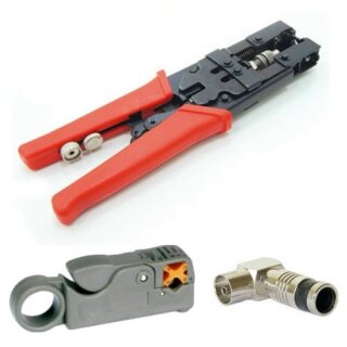 AC-Sat-Corner Kompressionszange HQ + Coax Profi Abisolierer + Winkel Kompressionsstecker Koaxial Kupplung 7mm HQ Qualität 60x Stück