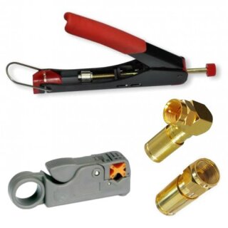Kompressionszange Universal + Coax Profi Abisolierer + Winkel / Gerade F-Kompressionsstecker 7mm Vollmetall Gold 40x Winkel / 40x Gerade