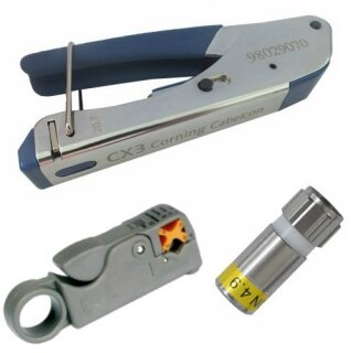Cabelcon CX3 Kompressionszange + Coax Profi Abisolierer + Cabelcon F-6-TD 4.9 Kompressionsstecker 60x Stück