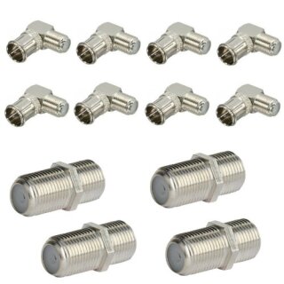 F-Quickwinkelstecker 90° + F-Verbinder Sat Kupplung Buchse / Buchse 8x Winkel 4x Verbinder