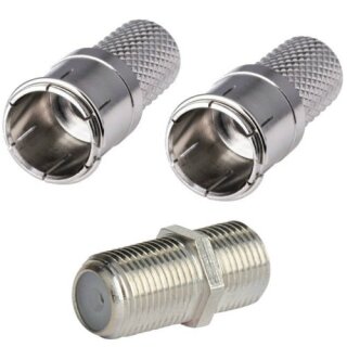 F-Schnellstecker 7mm zum direkten Aufdrehen auf das Koaxkabel + F-Verbinder Sat Kupplung Buchse / Buchse 2x F-Schnellstecker 1x Verbinder