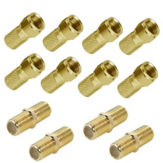 F-Stecker 7mm HQ Gold + F-Verbinder Gold HQ Sat Kupplung Buchse / Buchse 8x F-Stecker 4x Verbinder