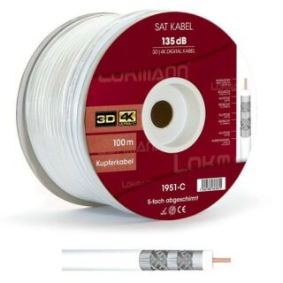 Lokmann 135dB Vollkupfer 7mm SAT Koaxial Antennenkabel 5-fach 4K 8K UHD Weiss 51 Meter