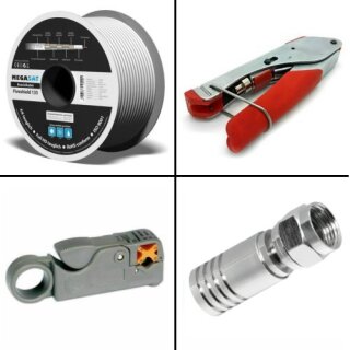 100m Megasat Koaxialkabel 135db 5 Fach + Kompressionszange + Abisolierer + Easy Quick Mount Stecker 10x Stück