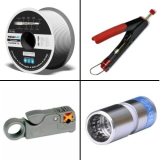 100m Megasat Koaxialkabel 135db 5 Fach + Kompressionszange + Abisolierer + Cabelcon F-SC-56-CX3 5.1 Short F-Quick