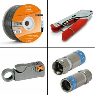 100m Lokmann Koaxialkabel 135db 5 Fach Black + Kompressionszange + Abisolierer + Cabelcon F-56 CX3 5.1 HQ 80x Stück