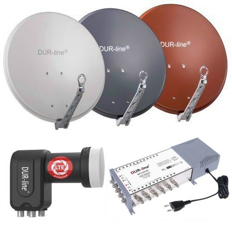 Dur-Line Select ALU SAT Anlage 75/80cm Spiegel Schüssel Hellgrau HB Digital 4 Teilnehmer SET Signale auf bis zu 4 Receiver 8 Stecker Gratis dazu im SET UHD Quad LNB Weiß zum Empfang von DVB-S/S2 Full HD 3D Ultra HD 