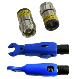 30x Stück F-Stecker 7mm Cabelcon F-6-TD Self Install 4.9 Nitin + Cabelcon Kabelabisolierer RG 6/59 mit Maulschlüssel