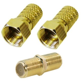 F-Stecker 4mm Gold + F-Verbinder Sat Kupplung Buchse / Buchse Gold