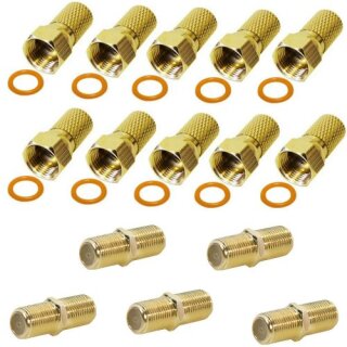 10x F-Stecker 6.8mm Gold + 5x F-Verbinder Sat Kupplung Buchse / Buchse Gold