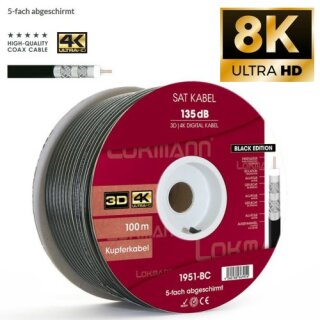 4x Lokmann 135dB 100m Vollkupfer 7mm SAT Koaxial Antennenkabel 5-fach 4K 8K UHD Black Edition